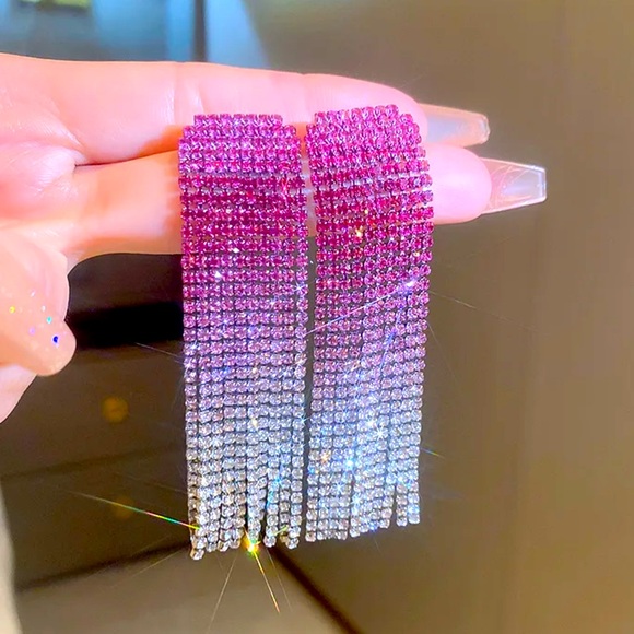 Glamorous Pink Rhinestone Long Earrings - Picture 2 of 3